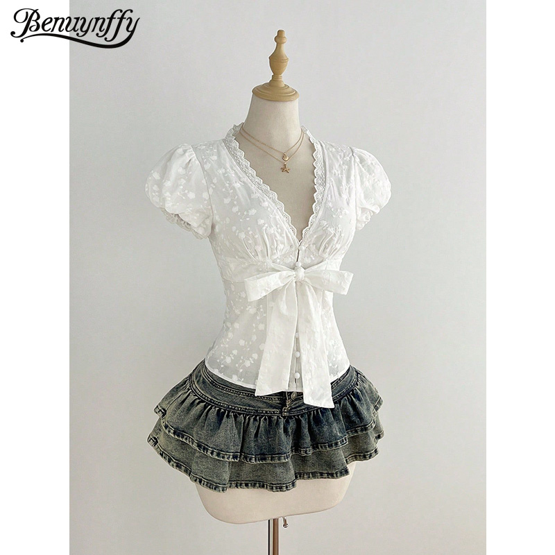 Tie Front Shirt - Benuynffy Beyaz V Yaka Puf Kollu