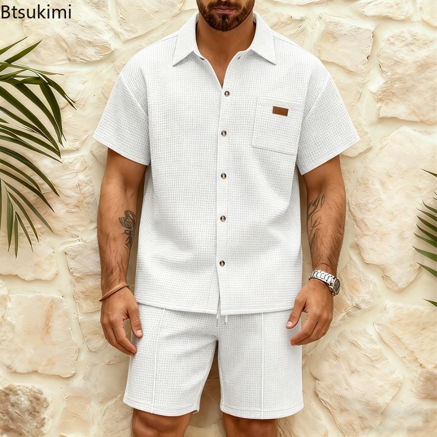 Summer Clothing Men Fashion - Erkek Rahat Waffle Düz Renk Kısa