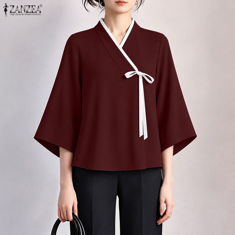 Tie Front Shirt - ZANZEA Kadın Çin Stili V Yaka