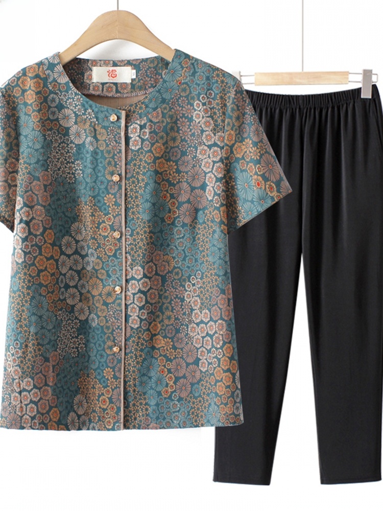 Summer Clothing Over 60 - Büyükanne Tarzı Kısa Kollu İki Parçalı