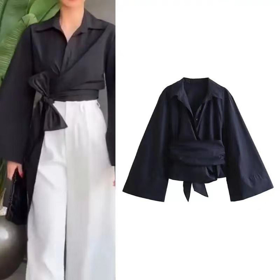 Tie Front Shirt - Yeni kadın moda rahat Polo boyun