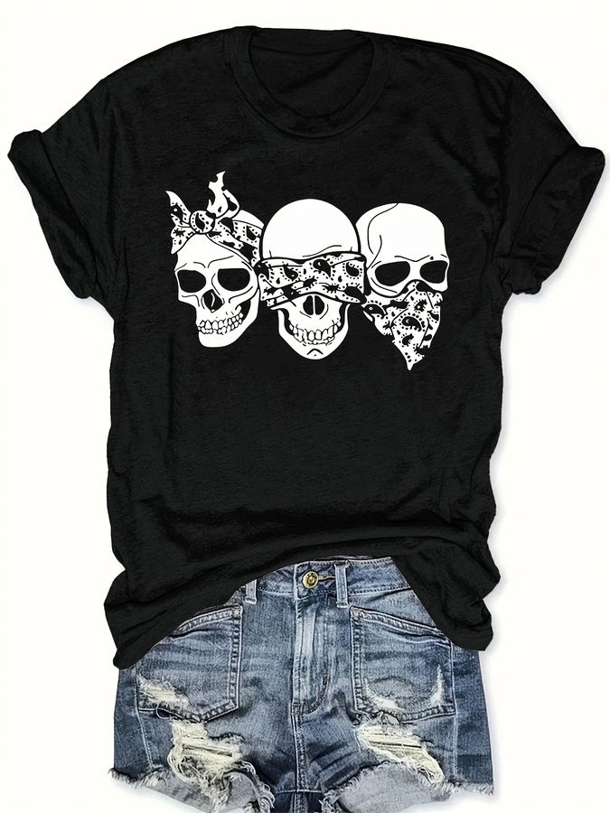 Summer Clothing Trends 2025 Women'S - Mutlu Karikatür Kafatası Tişörtü, Bol Kesim,