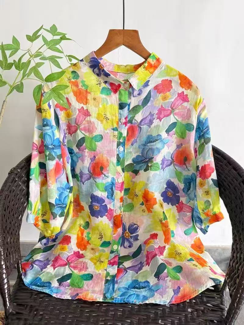 Summer Clothing Japan - 2026 Saf Rami Baskılı Gömlek Kadın